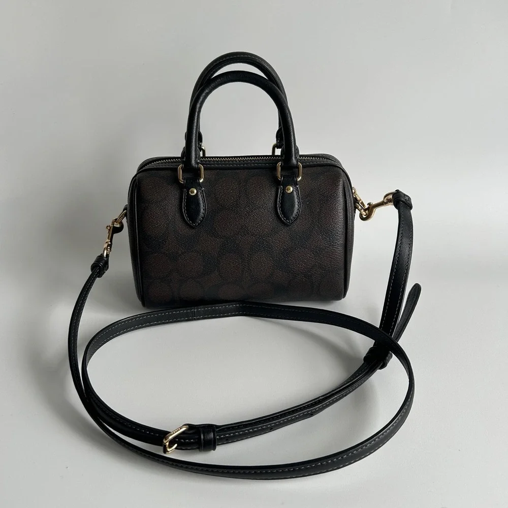 Coach Rowan Satchel Brown Black Signature Canvas Leather Bag Excellent